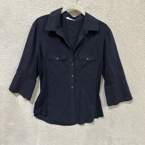 JAMES PERSE Contrast Panel Shirt Size 3 Roll-Tab Sleeves Navy Button Up WLC3321 - Picture 1 of 9